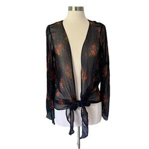 NWT Natural Life Mesh Navy Blue‎ Sheer Floral Tie Front Kimono Top Blouse O/S